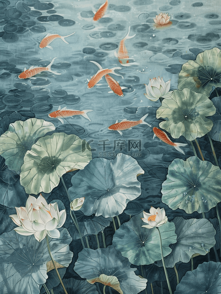 彩色手绘池塘里金鱼荷叶荷花的插画