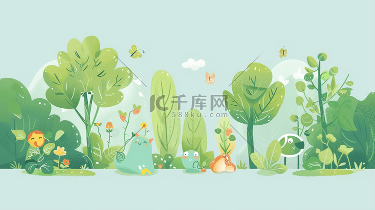 绿色手绘简约唯美户外风景花草的插画