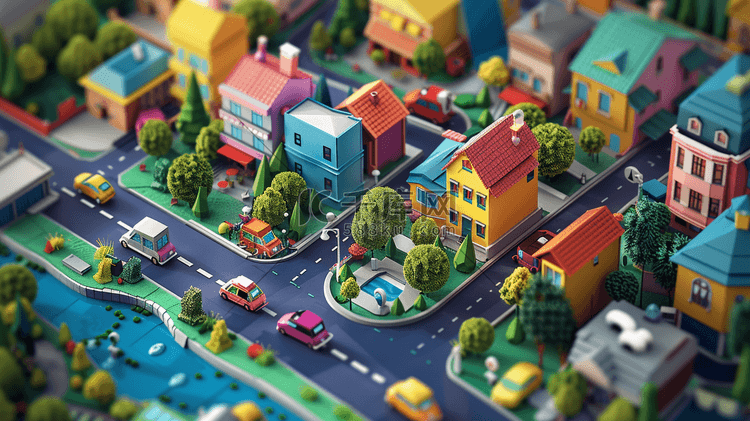 彩色卡通场景城市房屋道路车辆的插画