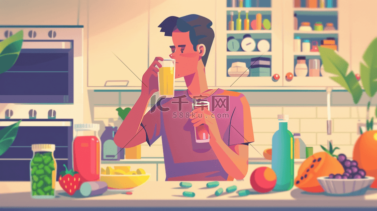 彩色扁平化绘画女士厨房喝饮料的插画