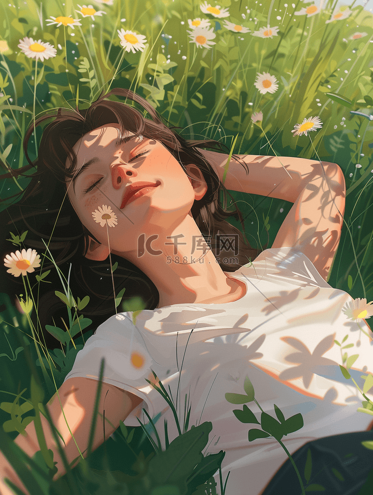 手绘清新唯美女孩躺在草坪上的插画