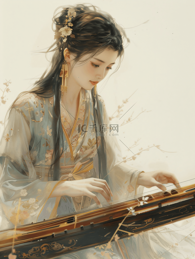 穿中国传统服饰的女性弹奏古琴