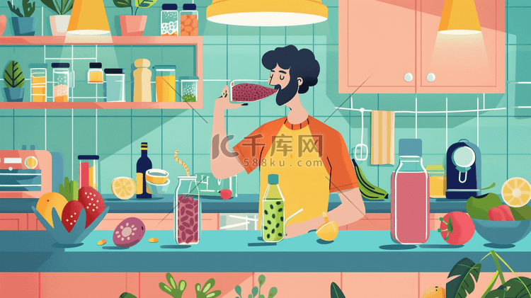 彩色扁平化绘画女士厨房喝饮料的插画