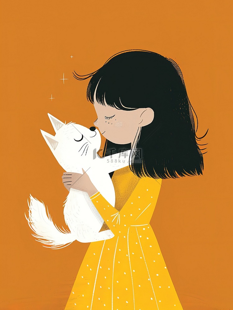 连衣裙的女孩抱着小狗插画海报