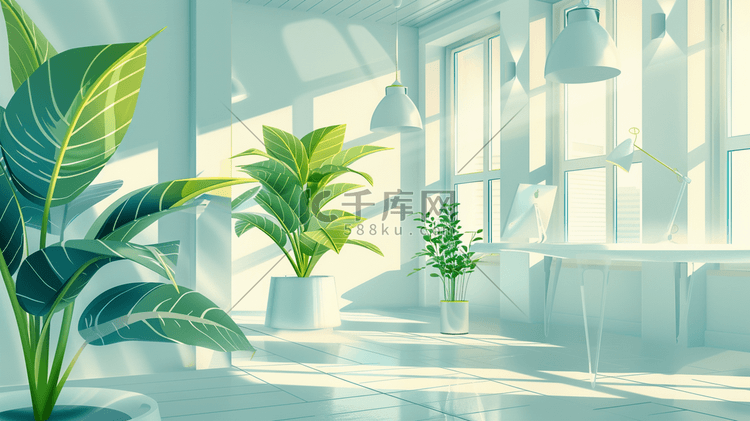 简约唯美室内阳光照射前台绿植的插画