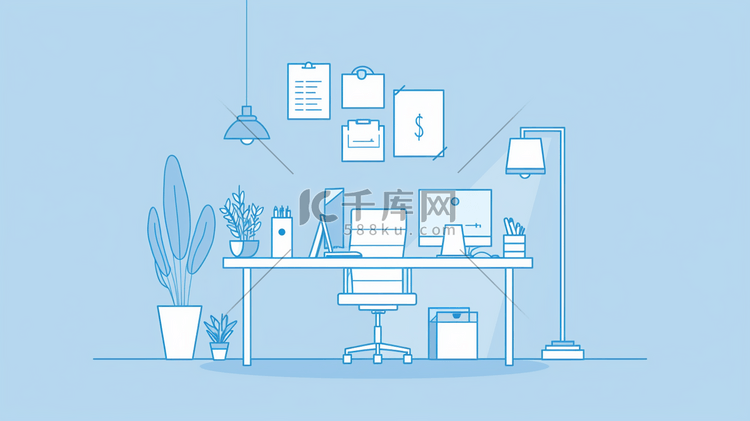 蓝色扁平化平面简约室内桌椅精英办公的插画
