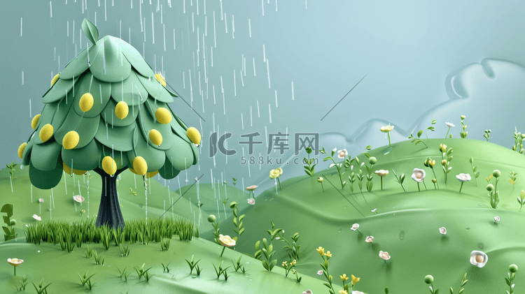 绿色夏季雨季风景插画