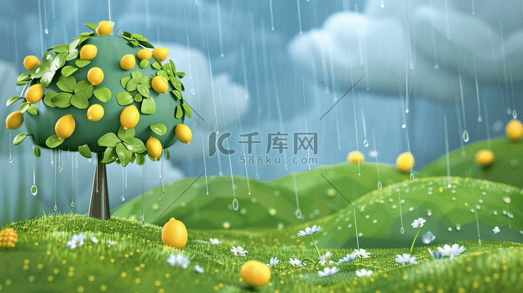 绿色夏季雨季风景插画