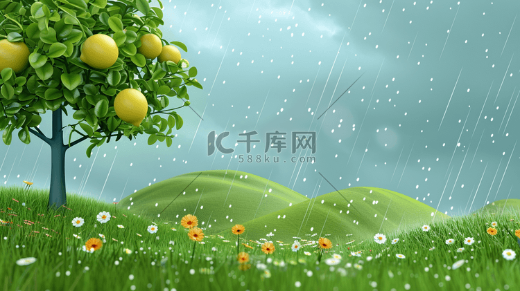 绿色夏季雨季风景插画