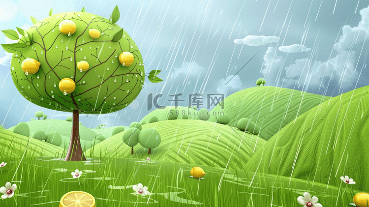 绿色夏季雨季风景插画