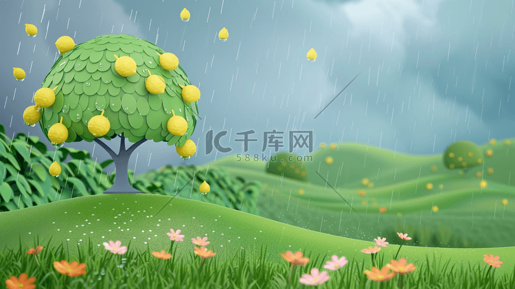 绿色夏季雨季风景插画