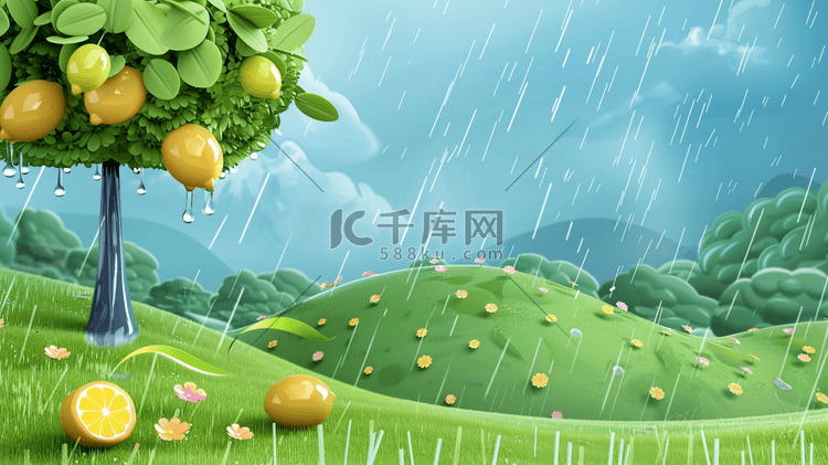 绿色夏季雨季风景插画