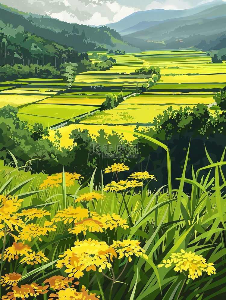 稻田农村的黄色花朵和绿色田野插画图片