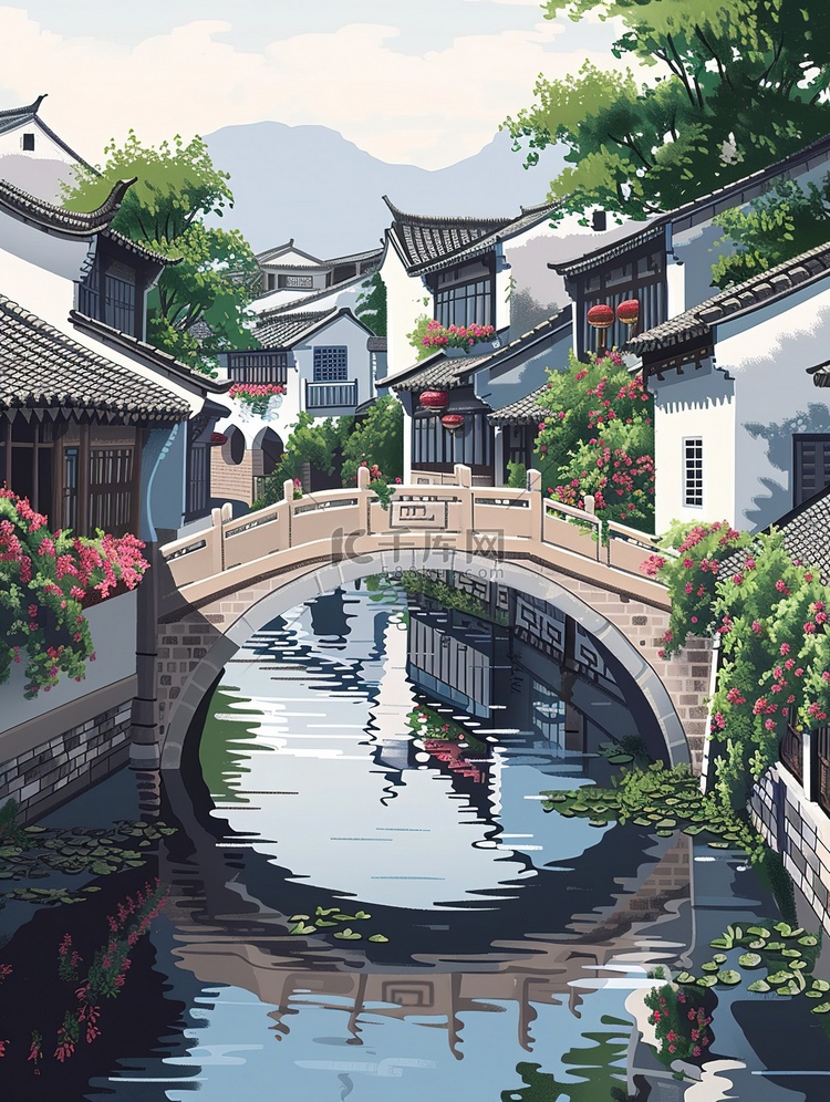 江南古镇小桥流水插画海报