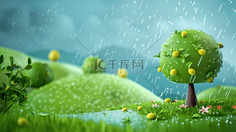 绿色夏季雨季风景插画