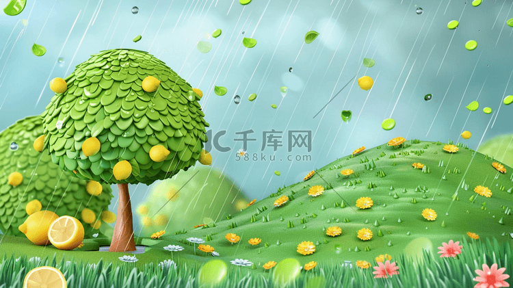 绿色夏季雨季风景插画