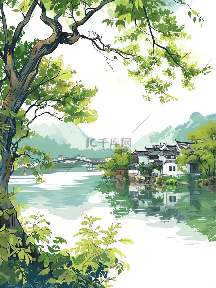 江南的河岸在春风插画海报
