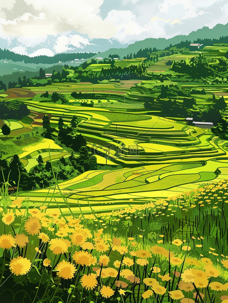稻田农村的黄色花朵和绿色田野插画海报