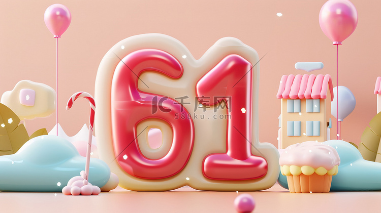 糖果数字“61”的卡通3d插画素材