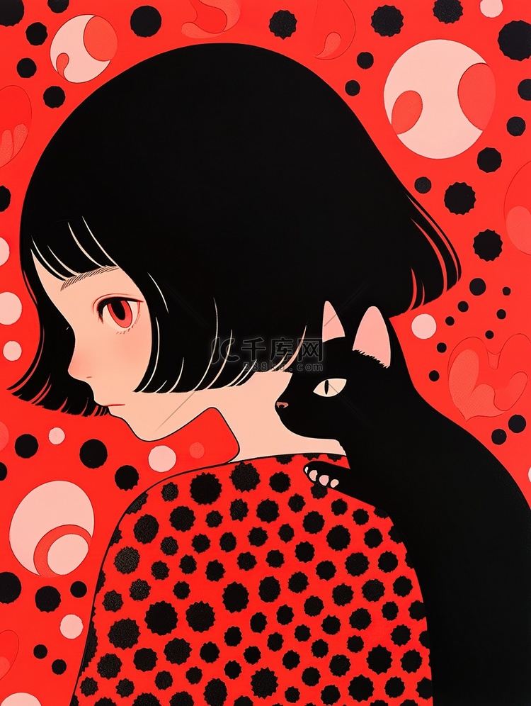 一个女孩和一只黑猫原创插画