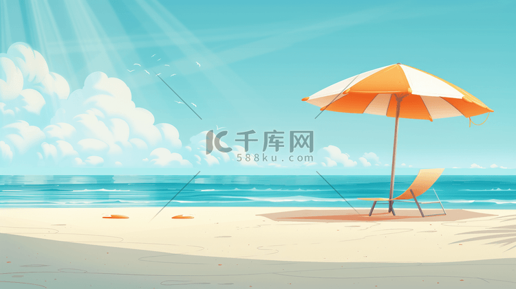 户外海水沙滩遮阳伞躺椅花草的插画