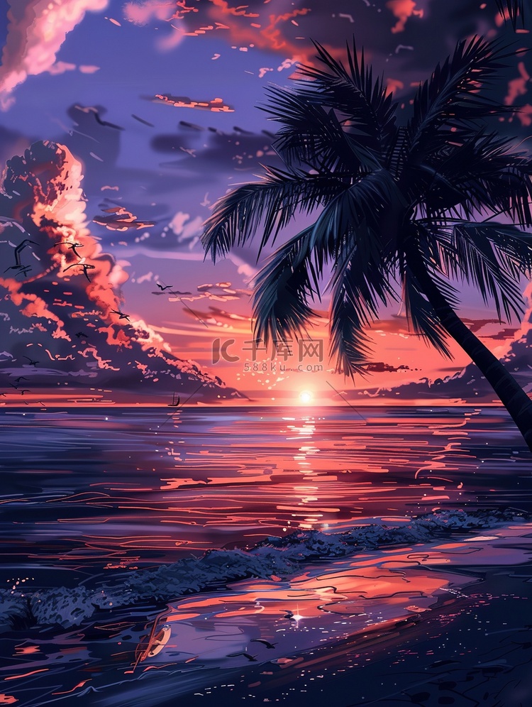 椰子树海景动漫风格插画图片