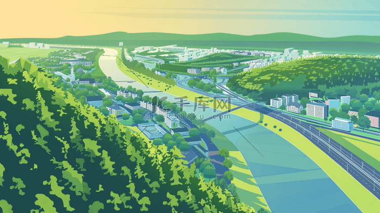 俯视航拍绿色沿海城市的插画