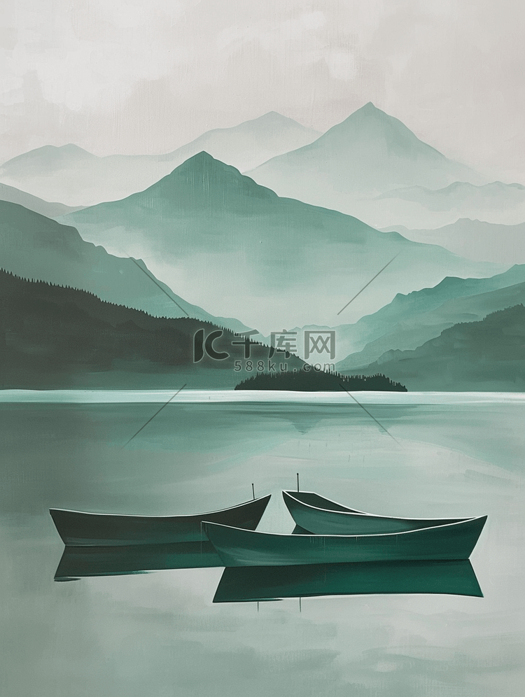 绿色户外风景如画山脉河面小船的插画