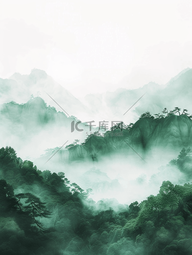 绿色梦幻朦胧山色山景风景的插画