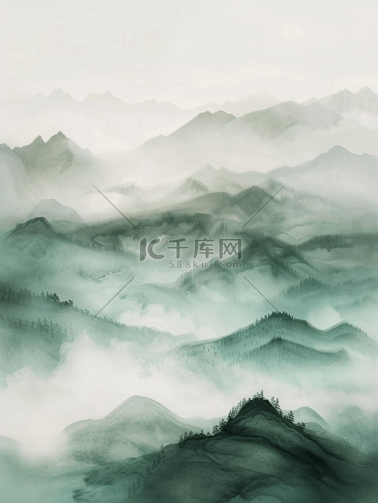 绿色梦幻朦胧山色山景风景的插画