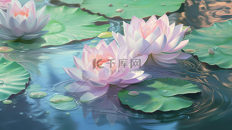 池塘的荷花夏天花朵插画图片