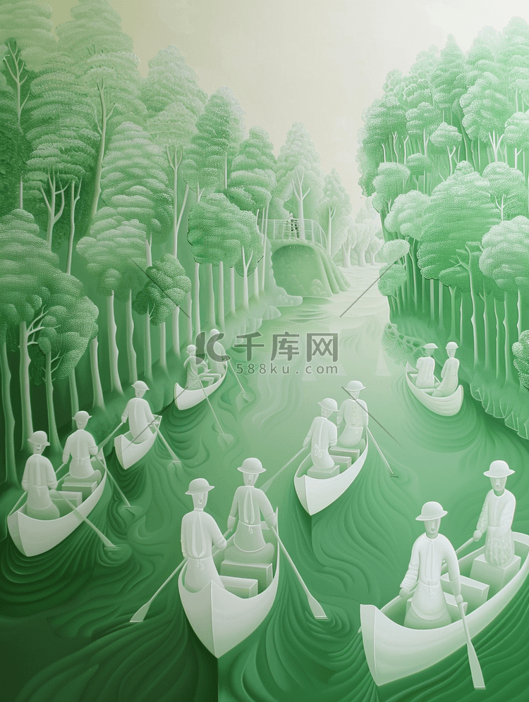 户外风景区绿色树木河面上小船船队的插画