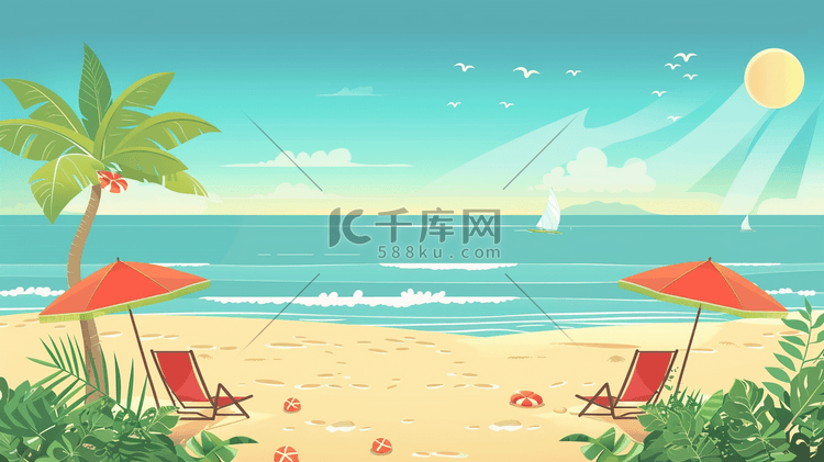 夏日海边沙滩上的躺椅和遮阳伞插画