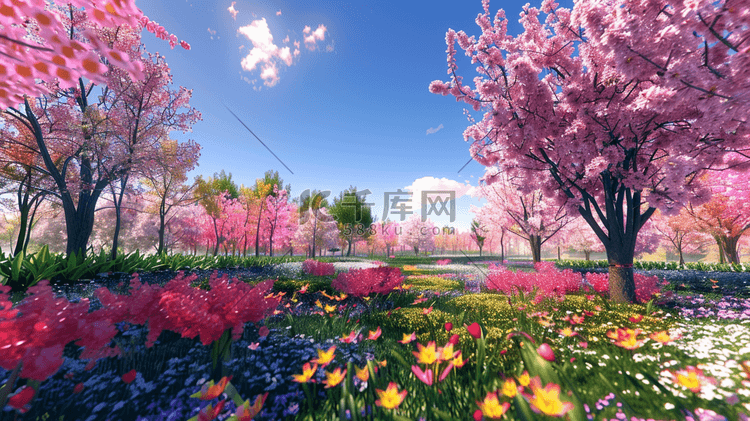 夏日鲜花盛开的公园小道插画