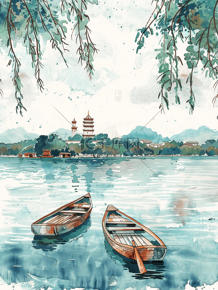 湖泊里的船只风景插画