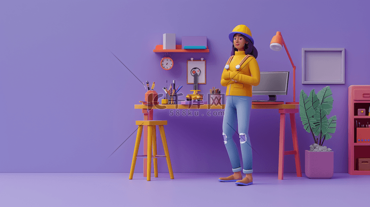 3D紫色的个人工作间插画