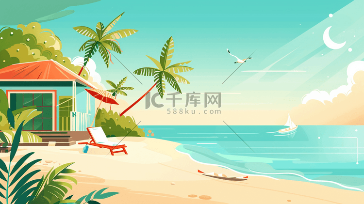 彩色绘画海边海水沙滩躺椅树木的插画
