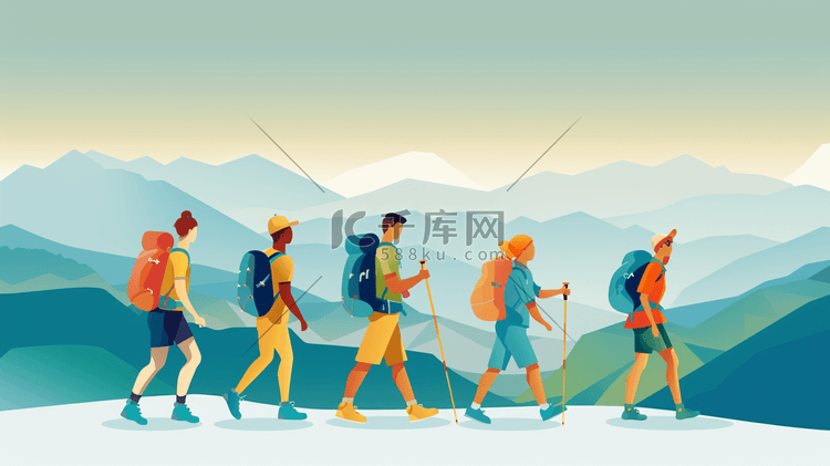 绘画登山人员徒步旅行登山的插画