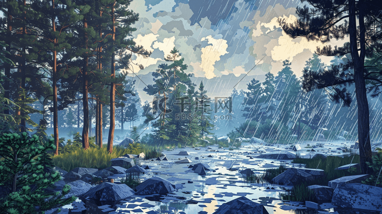 夏季雨中的森林草地插画