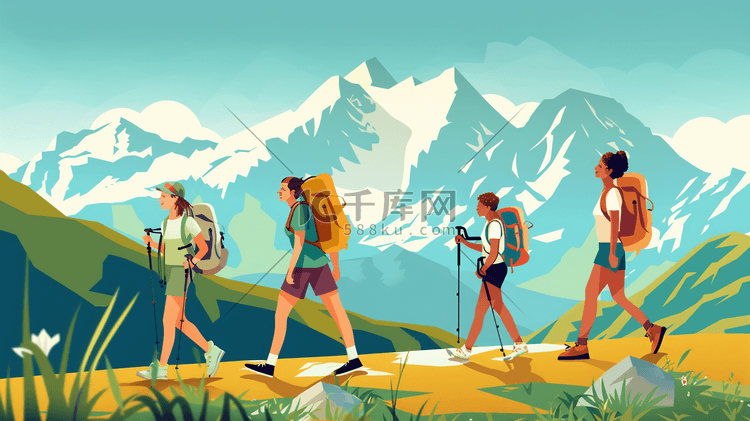 绘画登山人员徒步旅行登山的插画