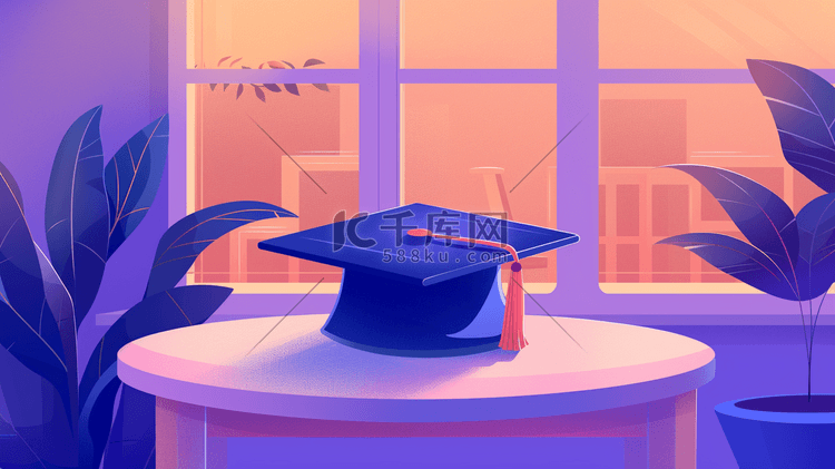 绘画毕业季室内桌面上博士帽的插画