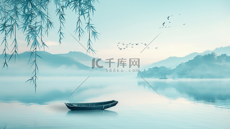 中式国风山景山河河面小船的插画