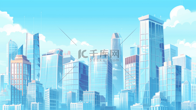 蓝色调城市高楼大厦插画