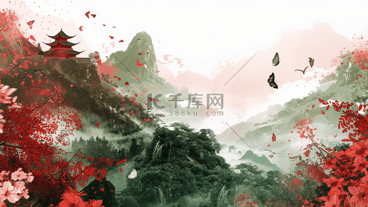 山峰上的塔楼和鸟群中国山水插画