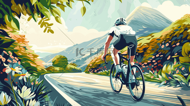 海边公路上骑自行车的运动员插画