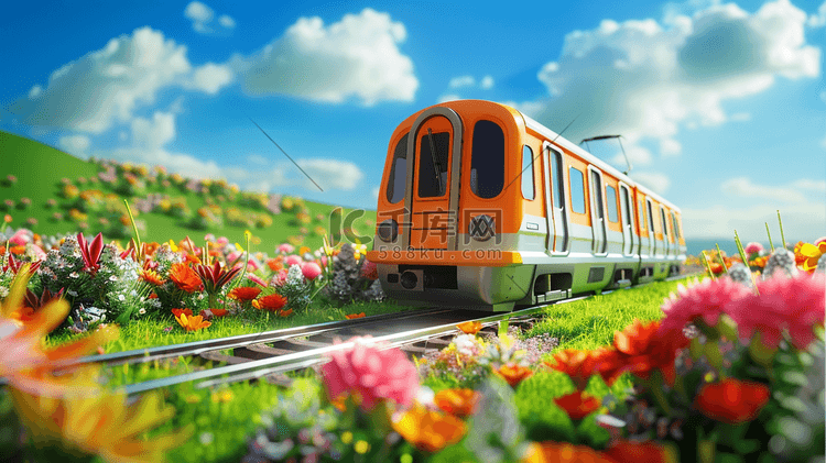 鲜花草地上的铁轨上行驶的列车插画