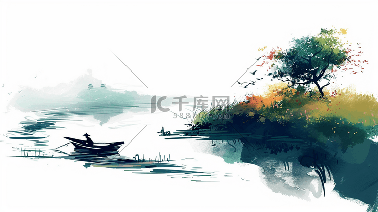 山涧湖泊中的小船插画