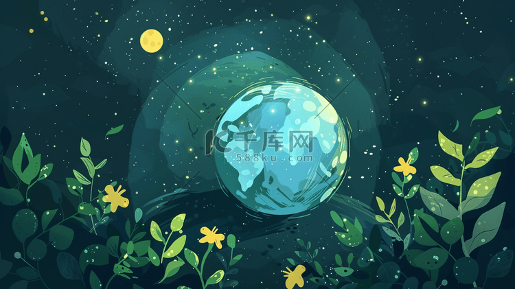 星空中的绿植装饰蓝色星球插画