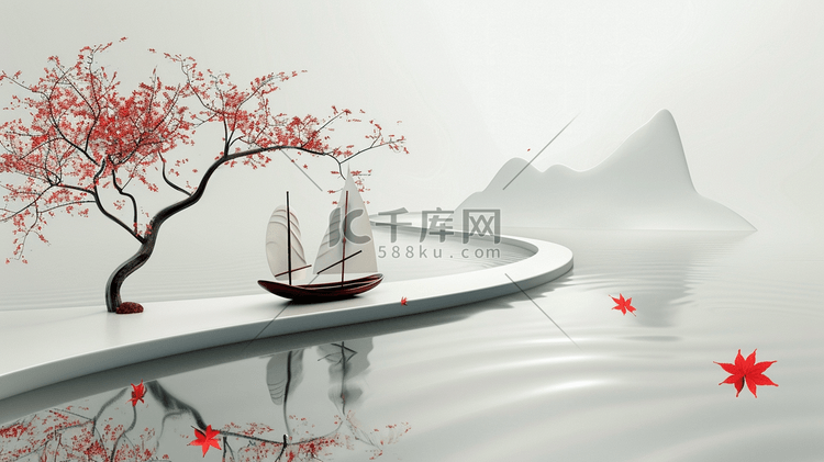 山涧湖泊中的小船插画