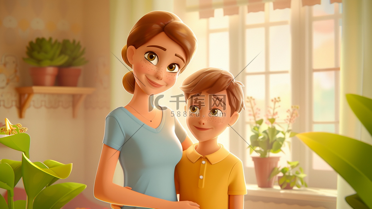 3D妈妈和孩子幸福合照插画图片_千库网(插画id:349574)